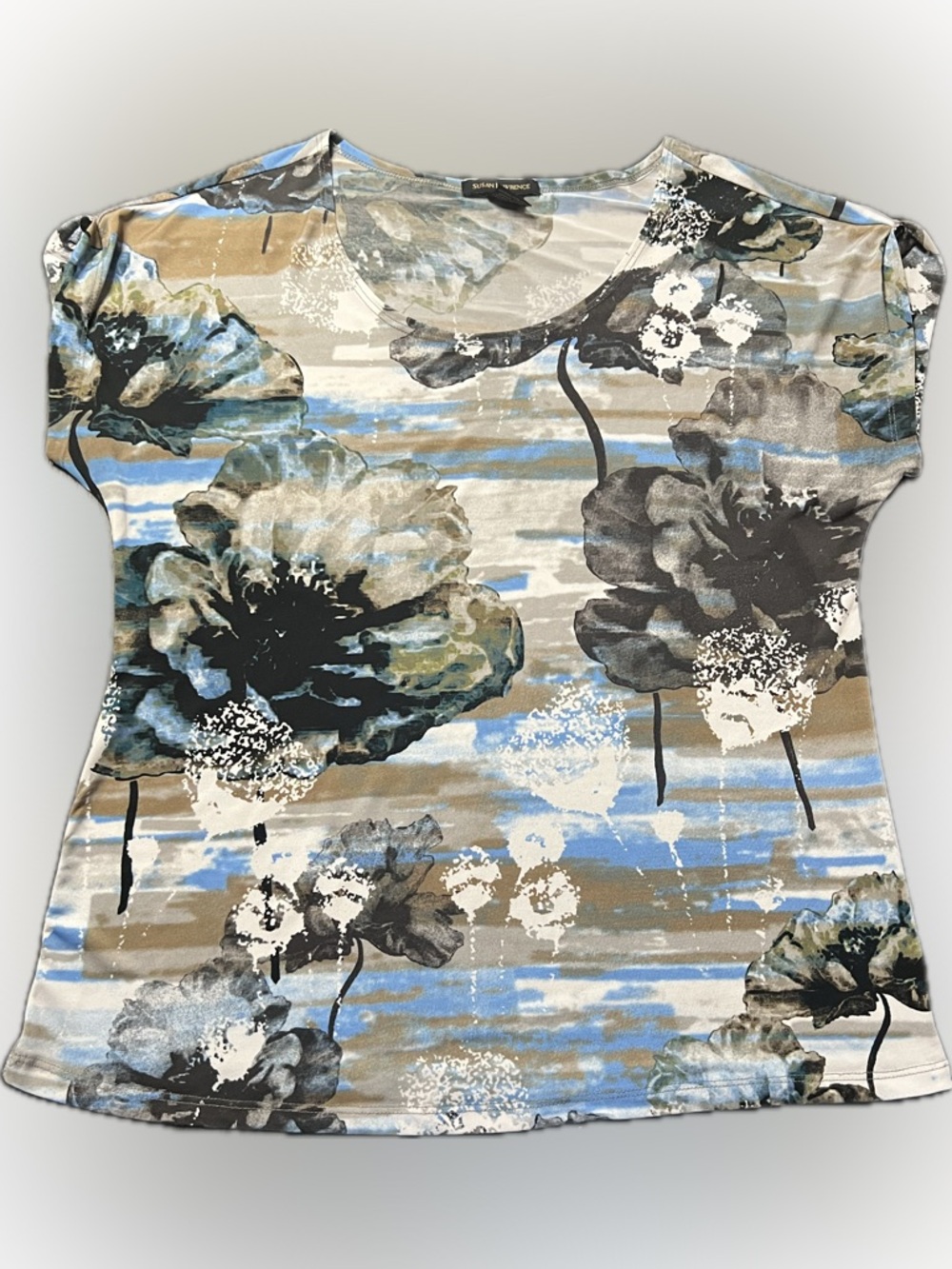 Abstract Floral Stretch Top XL Blue Beige Boutique Style